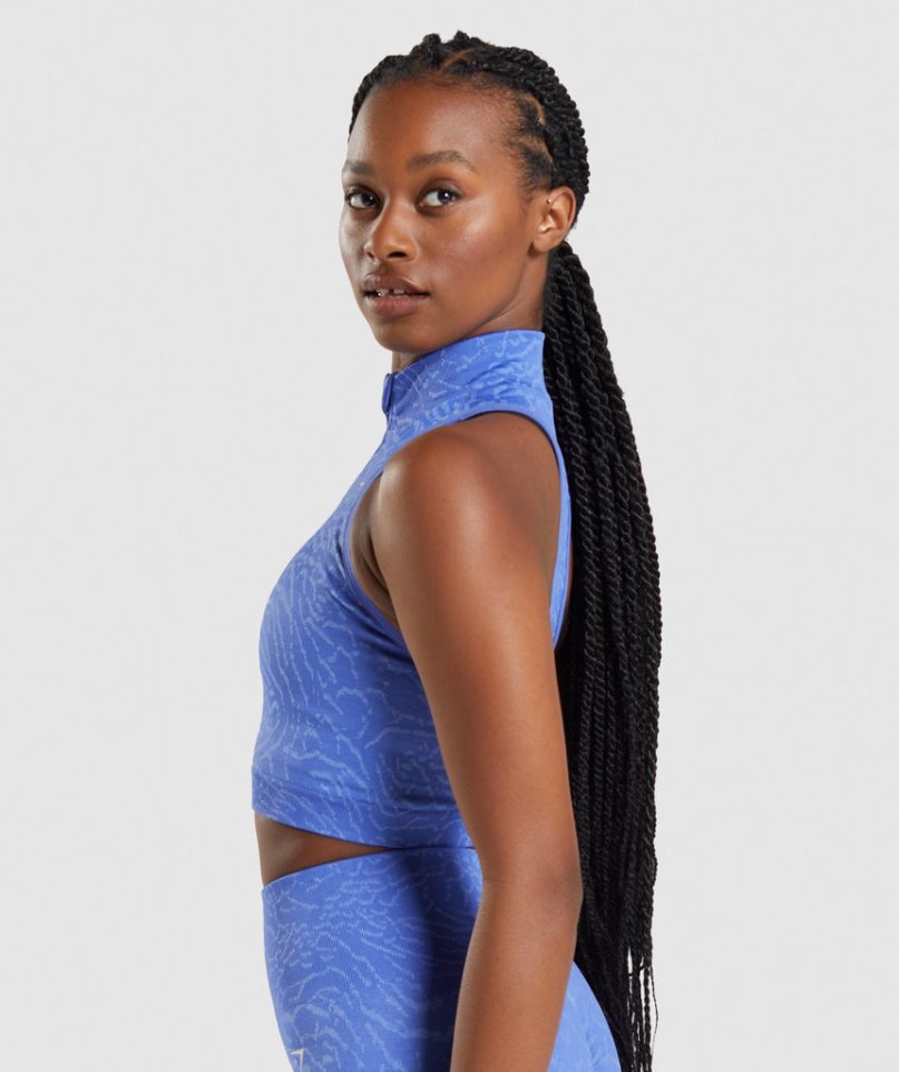 Women's Gymshark Adapt Animal Seamless 1/2 Zip Cropped Tops Blue | NZ 1ALPGS